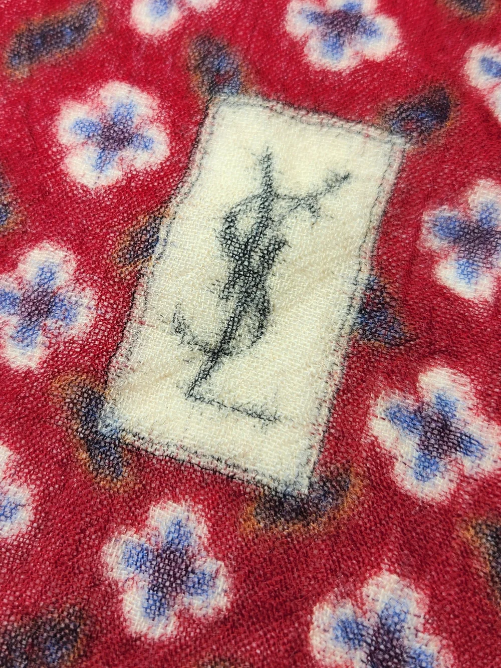 Vintage Yves Saint Laurent YSL Red Floral Wool Blend Square Scarf Shawl Wrap